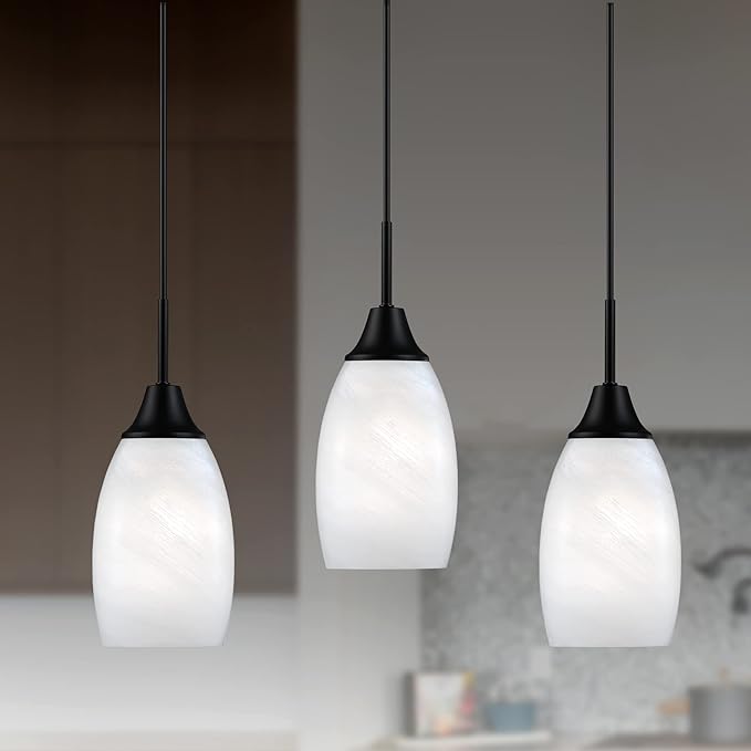 Mini Glass Pendant Light,4.72" Black White Hanging Lights 3-Pack Handblown White Oval Art Glass Hanging Pendant Light for Kitchen Island,Dining Room,Living,Foyer,Hallway, Entry