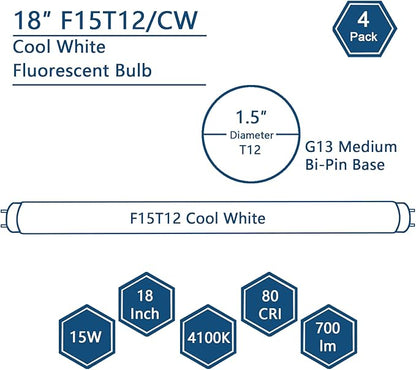 (4Pack) F15T12-CW 15W T12 Cool White 18" Fluorescent Light Bulb,Replace G E,Sylvania 21532,Philips Lamp Light Bulb,4100K Cool White, Medium Bi-Pin G13 Base