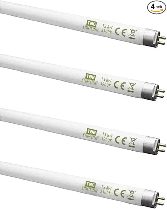 TBE LIGHTING 8w / 12 inch Soft White 3500K Tubes - F8T5/D Fluorescent Tube Lamps 288mm / 12''- CFL Bulbs - G5 2-Pin Base Fittings - T5 High Efficiency Lamps (4-Pack)
