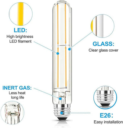 7.3 Inch E26 Led Bulb 6W Dimmable, 5000K Daylight Edison Bulbs 800LM, Equal 80 Watt Tubular T10 T9 Long Clear Glass Light Bulb for Rustic Pendant Industrial Pipe Wall Sconces - 6Pack