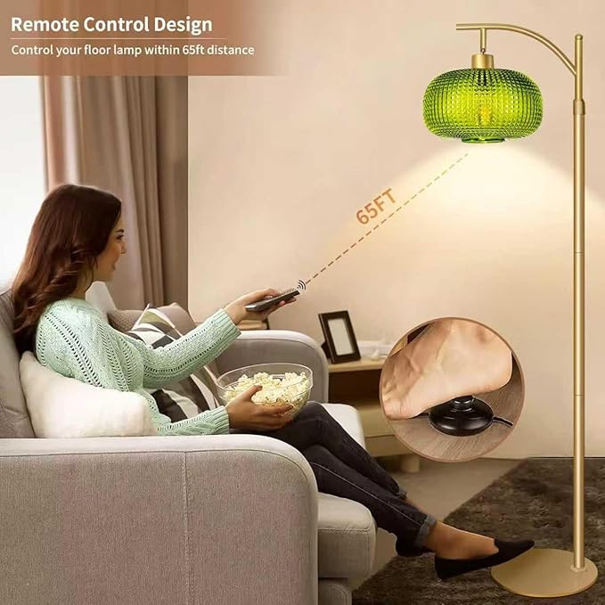 Modern Floor Lamp for Living Room, Mid Century Tall Standing Lamp Green Glass Lamp Shape, Dimmable Gold Tall Pole Lamp for Bedroom Office with Remote, 1 x 12W LED Edison Bulbs Included