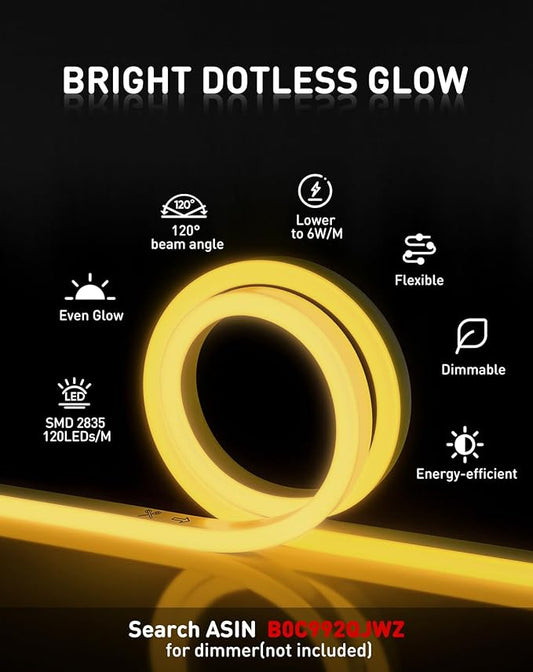 Shine Decor LED Rope Lights AC 120V, Connectable & Cuttable Dotless 120LEDs/M Eco Neon Strip Lighting, ETL IP65 Waterproof & Weather-Resistant for Home Commercial, 8x16mm, 2600K Warm White, 16.4FT
