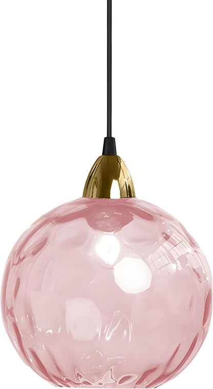 15cm/5.9’’ Industrial Vintage Spherical Glass Pendant Light, E26 Ceiling Hanging Lamp, Gold Finish & Ripple Glass Globe Shade, Dining Room Bedroom Chandelier (Pink)