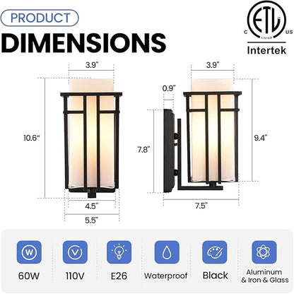 Outdoor Wall Sconce, Waterproof Exterior Lights Wall Mount, Anit-Rust Outdoor Wall Lantern with Rectangle White Glass, Modren Black Exterior Wall Light for Front Door, Patio, Garage, Entryway