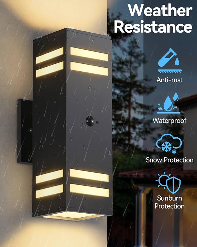 Motion Sensor Outdoor Lights 2 Pack, Modern Outdoor Wall Lights Black Exterior Lighting Fixtures, Square Motion Detector Lights for Outside, Waterproof Sconce for House Porch, Bulbs Included