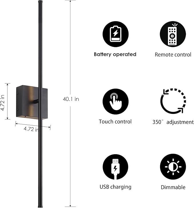 Battery Operated Wall Sconces with Remote Control, Dimmable Wall Sconces Set of Two, 350°Rotate, 3000K LED Black Wireless Wall Light for Living Room, Hallway, Bedroom, 40.1 Inch (2 Pack)