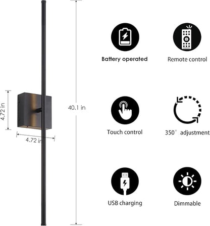Battery Operated Wall Sconces with Remote Control, Dimmable Wall Sconces Set of Two, 350°Rotate, 3000K LED Black Wireless Wall Light for Living Room, Hallway, Bedroom, 40.1 Inch (2 Pack)