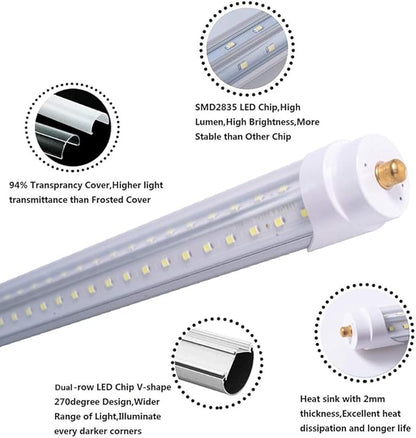 15 Pack 5FT T8 LED Tube Light Bulbs 48W Single Pin Fa8 Cap 6000K Daylight with Ultra Bright Dual-Row LEDs, 5 Foot T10 T12 Fluorescent Replacement for Garage, Shop, Warehouse