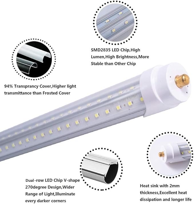 6 Pack 5FT T8 LED Tube Light Bulbs 48W Single Pin Fa8 Cap with Ultra Bright Dual-Row LEDs 6000K Daylight 5 Foot T10 T12 Fluorescent Replacement for Garage, Shop, Warehouse