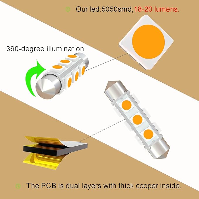 42mm DC 12V 578 LED Festoon Bulb 211-2 212-2 569 6413 LED Bulbs Gold Amber for Automotive Interior Dome Door Trunk Lights 360 deg Non Polarity(Pack 6)