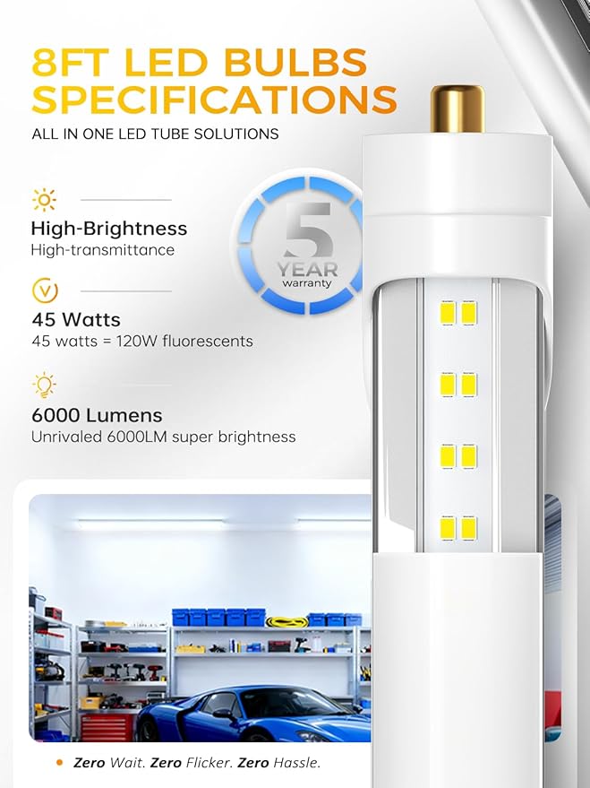 8FT LED Bulbs Ballast Bypass, 6700LM 6000K 45W High Brightness, Dual-End Powered - Direct Replacement for T8/T12/F96T12 Fluorescent Tubes in Warehouse, Garage & Workshop (20Pack)