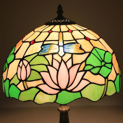Tiffany Side Table Lamps for Living Room W/LED Bulb Lotus Flower Stained Glass Shade Bedside End Table Lamp 12X12X19Inch Desk Lamps for Home Office Classic Farmhouse Reading Table Lamps