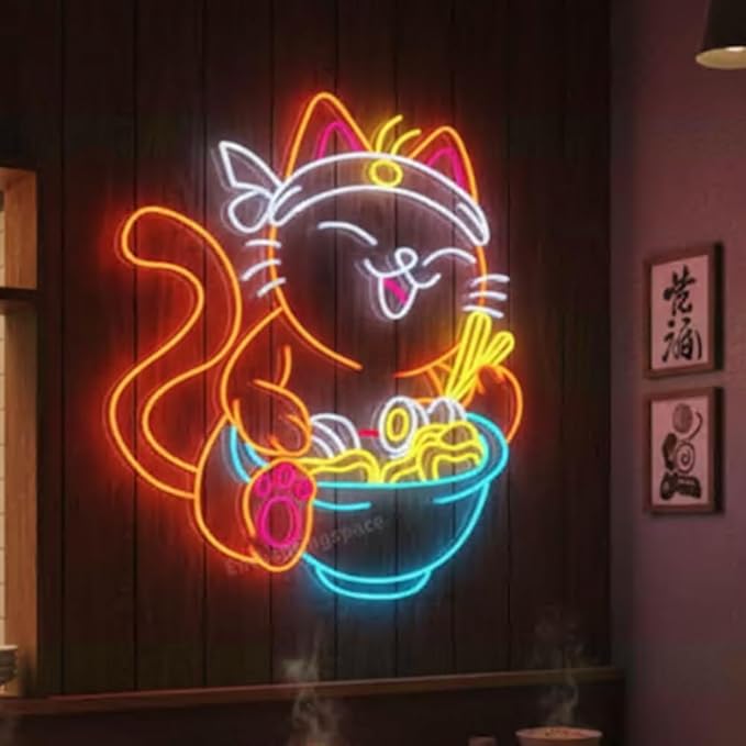 Cat Eating Ramen Neon Sign, Cat Ramen Led Sign Decor, Japanese Ramen Restaurant Wall Decor, Ramen Noodles Store LED Light Sign Wall Art Size:23inches