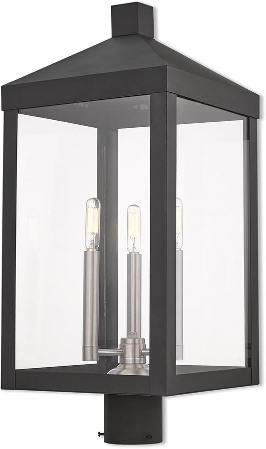 Livex 20586-04 Transitional Three Light Post-Top Lanterm from Nyack Collection in Black Finish, 10.50 inches