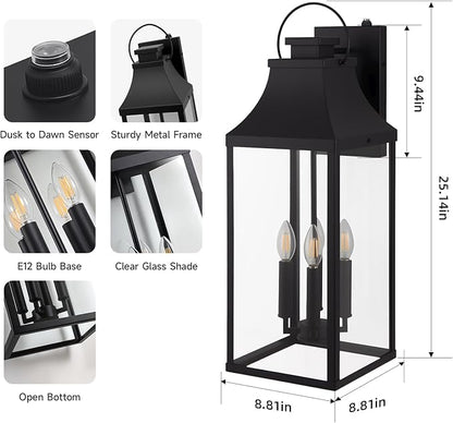 tewei 25'' Dusk to Dawn Outdoor Wall Light, Large Black Outdoor Porch Light Waterproof Patio Lanterns, Exterior Wall Mount Lighting Fixtures, 4-Light Outside Garage Sconces for House Front, 1-Pack