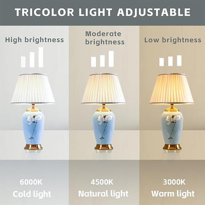 Blue Ceramic Table Lamp with White Fabric Lamp Shade Vintage Lamps with Flower and Bird Patterns，Traditional Home Decor Ceramic Table Lamp for Living Room Bedroom Nightstand Home Office