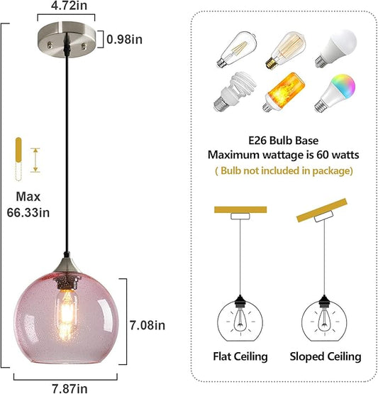 Pink Glass Pendant Lights Kitchen Island Lighting Globe Pendant Light Fixtures Modern Pendant Lighting for Bedroom Living Dining Room Light Fixture (7.87 in, 2 Pack)