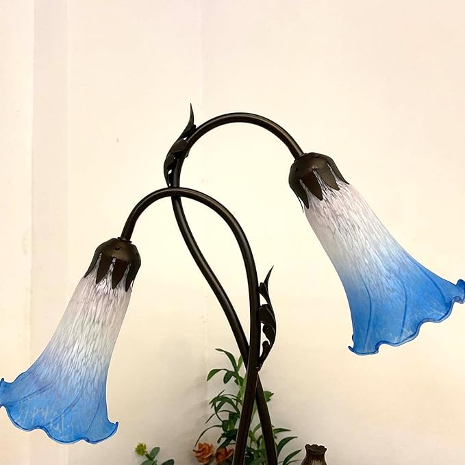 Bieye L10853 Lily Flower Blown Glass Accent Table Lamp for Living Room Bedroom Decoration (2-Light, Blue)