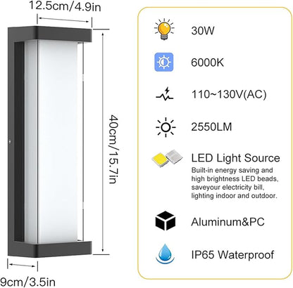 10%-100% Dimming LED Modern Outdoor Wall Light 2 Packs, 16in 6000K Dimmable Porch & Patio Wall Light Fixture,Black Aluminum&Dual PC Wall Lights for Garage Living Room Courtyard House(2Packs 6000K)