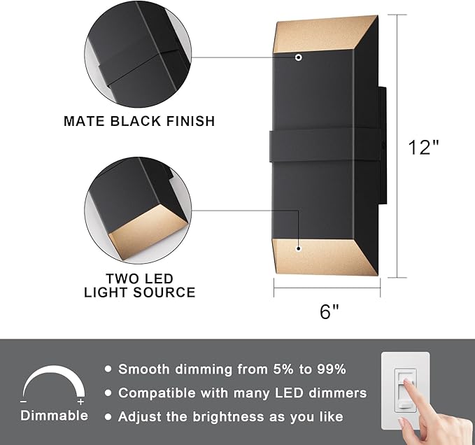 Outdoor Lights Fixture, Modern Led Wall Sconce Indoor, Black Exterior Wall Lights for House, Front Porch Light Outdoor Wall Mount, Patio Lights Fixture for Garage, Yard, 3000K