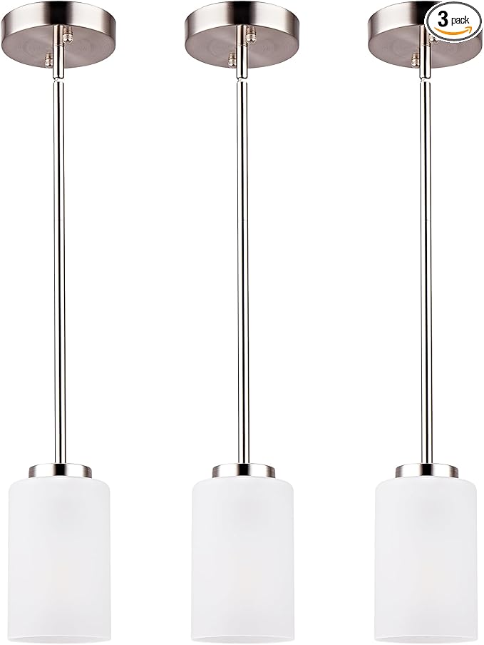 3 Pack Mini Pendant Light, Brushed Nickel Hanging Ceiling Lights with White Frosted Glass Shade, Modern Adjustable Lights for Kitchen Island Bedroom Hallway