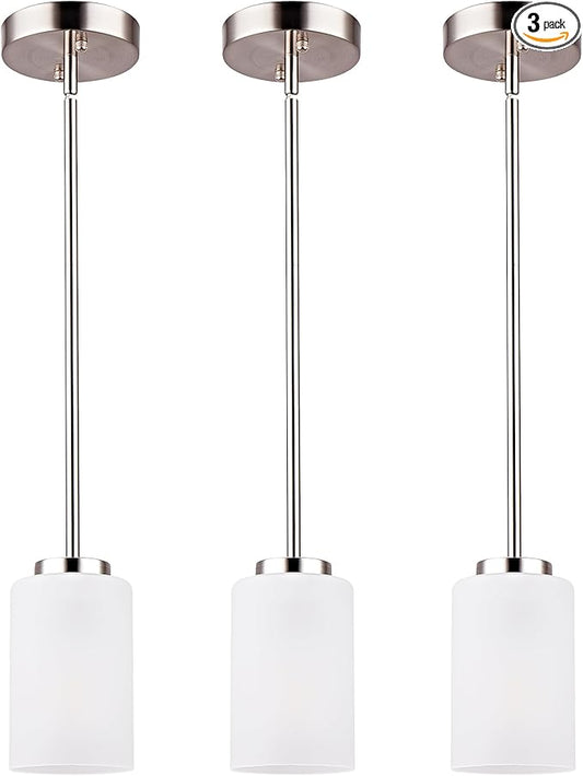 3 Pack Mini Pendant Light, Brushed Nickel Hanging Ceiling Lights with White Frosted Glass Shade, Modern Adjustable Lights for Kitchen Island Bedroom Hallway