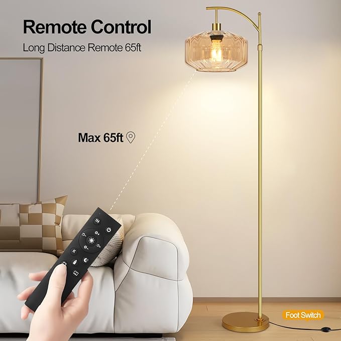 Vintage Floor Lamps for Living Room Glass Floor Lamp with Remote Control,Dimmable Floor Lamp Gold Mid Century Modern Standing Lamp 3 Color Temperature Brass Tall Floor Lamps for Bedroom Corner