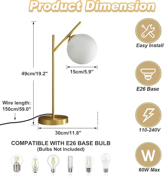 Globe Table Lamp Set of 2, Brass Glass Globe Desk Lamp with Milky White Glass Shade, Contemporary Metal Bedside lamp for Bedroom Living Room Study Room