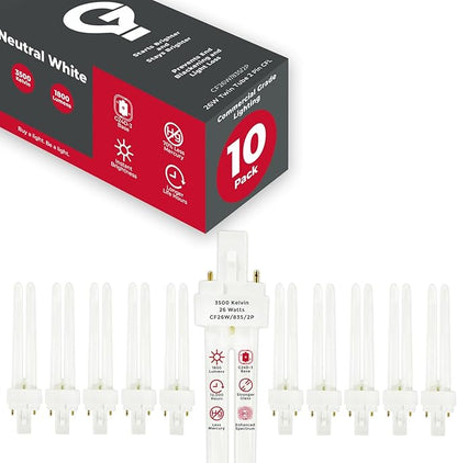 GoodBulb 26 Watt CFL Light Bulbs 2 Pin G24D-3 Base 3500K Neutral White 26W High Output 1800 Lumens Double Tube Compact Fluorescent Light Bulbs Plug-in 10 Pack