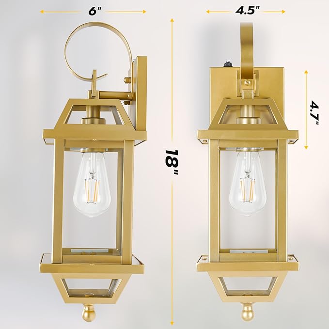 Gold Porch Light 2-Pack, Rustic Outdoor Wall Sconces with Clear Glass, 18' Enclosed Bottom Aluminum Exterior Wall Sconces for Exterior House ETL Listed