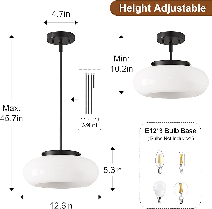 Mid-Century Modern Black Semi Flush Mount Ceiling Light, 3-Light Kitchen Light Fixtures with Glass Shade for Entryway Hallway Bathroom Bedroom (12.6 Inch)