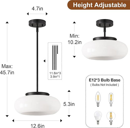 Mid-Century Modern Black Semi Flush Mount Ceiling Light, 3-Light Kitchen Light Fixtures with Glass Shade for Entryway Hallway Bathroom Bedroom (12.6 Inch)