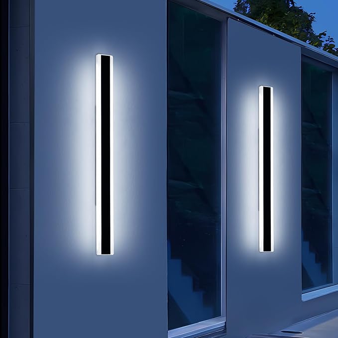 2 Pack Long Outdoor Wall Light Fixture, 47.2inch Porch Modern Wall Lighting, 6000K Cold White, IP65 Waterproof, White Acrylic, 42W, Black Strip Exterior Sconce for House, Garage, Garden, Fence