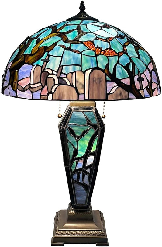 Bieye L13005 Tiffany-Style Stained Glass Table Lamp - Gothic Graveyard Night Scene with Bats, and Coffin-Shaped Base (Dark Green, 16Wx26H inch)