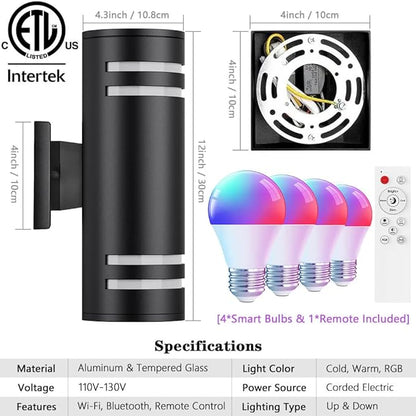 KIZON Smart Porch Lights 2 Pack, Modern Dusk to Dawn Outdoor Wall Lights Color Changing, Dimmable RGB Exterior Sconce Up and Down Light, Outside Lights for House Garage, Works with Alexa, ETL Listed