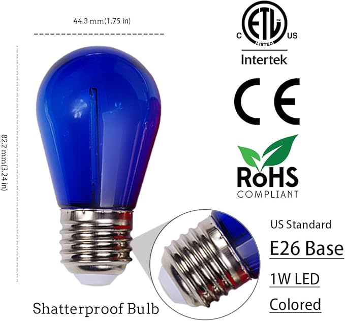 Christmas Light Bulbs 24-Pack S14 Colored LED String Light Bulbs Replacement, E26 Base 1W Plastic Shatterproof Waterproof, Christmas Light Bulb Red, Green, Yellow, Blue