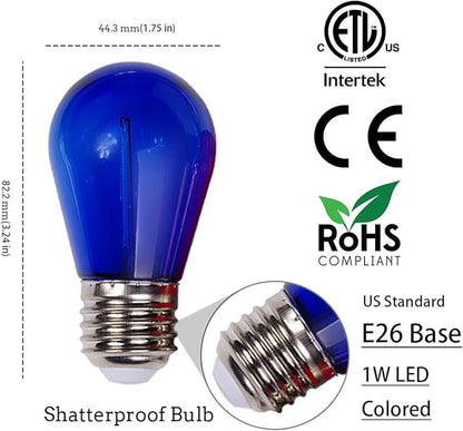 Christmas Light Bulbs 24-Pack S14 Colored LED String Light Bulbs Replacement, E26 Base 1W Plastic Shatterproof Waterproof, Christmas Light Bulb Red, Green, Yellow, Blue