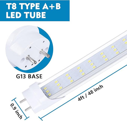12-Pack 4FT LED T8 Type A+B Tube Lights, 30W(80W Equivalent), 4000LM, 6000K, Single or Double End Powered, Ballast Bypass, 4 Foot T10 T12 Fluorescent Bulbs Replacement, Clear