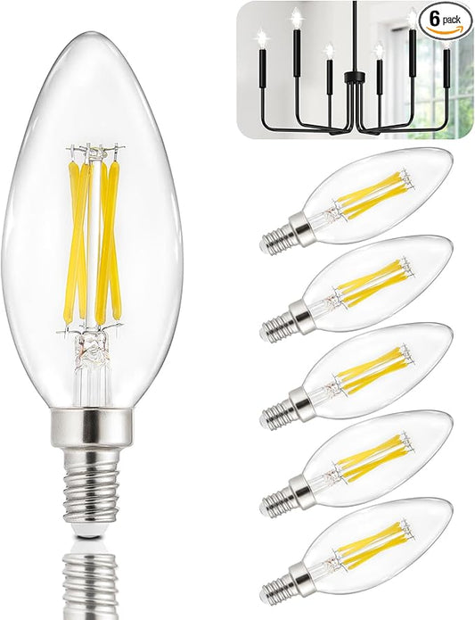 Depuley LED Light Bulbs E12: Candelabra Candle Light Bulb 4W Equivalent 40W Incandescent - LED Chandelier Light Bulbs 5000K Daylight - C35 Clear Filament Bulb E12 Base 500 LM 90+ CRI 6 Pack