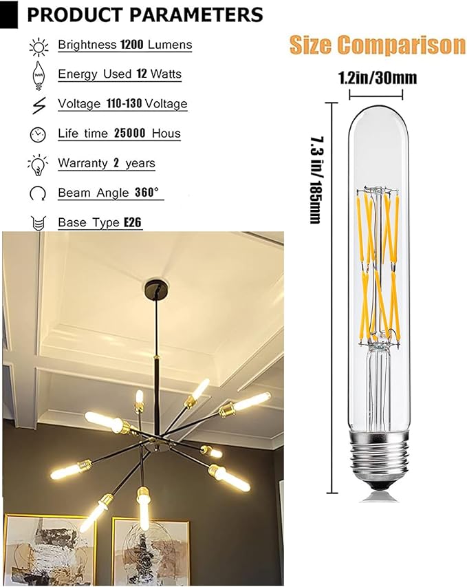 T10 Led Tubular Bulb,100 Watt Incandescent Bulb,12W T30 Dimmable Edison Led Long Bulb,3000K Soft White,E26 Medium Base Lamp,7.3in(185mm),3-Pack