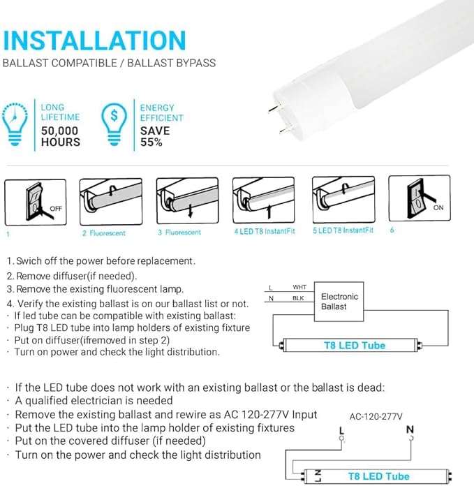 LEDMyplace Hybrid T8 4ft LED Tube/Bulb, 22W/18W/15W/12W Adjustable, 3000K/4000K/5000K/6500K CCT Changeable, G13, Frosted, 2800 Lumens, Single/Double End Power, Ballast Compatible or Bypass, Pack of 25