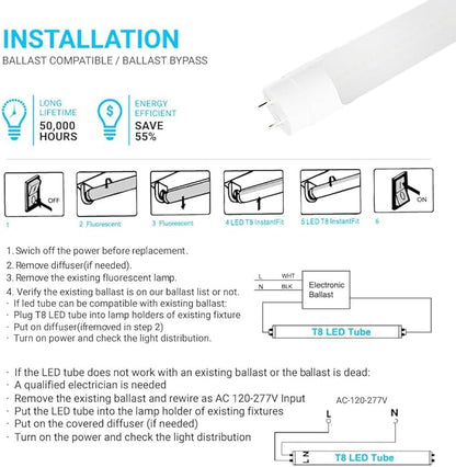 LEDMyplace Hybrid T8 4ft LED Tube/Bulb, 22W/18W/15W/12W Adjustable, 3000K/4000K/5000K/6500K CCT Changeable, G13, Frosted, 2800 Lumens, Single/Double End Power, Ballast Compatible or Bypass, Pack of 25