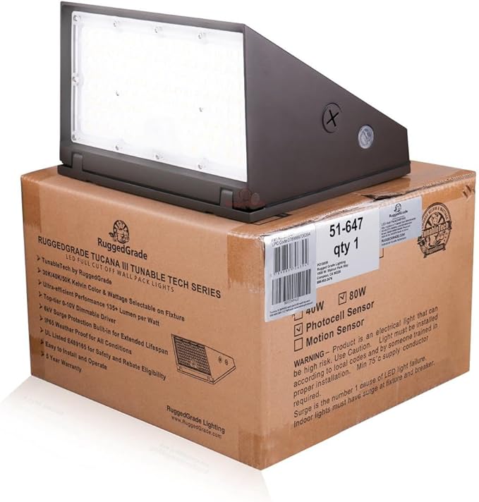 RuggedGrade 80W - Tucana III TunableTech Series - LED Wall Pack Light with Photocell - 11,200 Lumens - Color Selectable 3000K/4000K/5000K - Outdoor LED Light - DLC 5.1 Premium