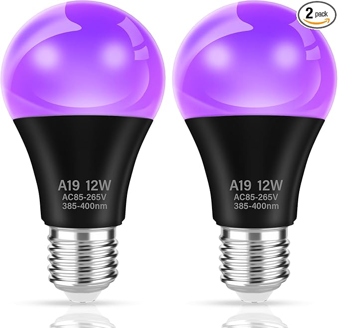 TAIYALOO LED Black Light Bulbs,Halloween 12W A19 UV Blacklight,100 Watt Equivalent,UVA Level 385-400nm Wavelength,Glow in The Dark for Glow in Dark,Body Paint Fluorescent Poster Glow Party,2 Pack