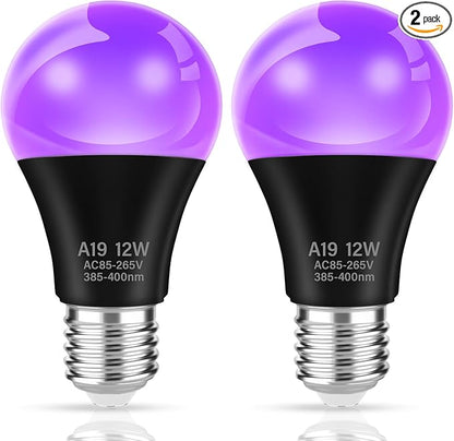 TAIYALOO LED Black Light Bulbs,Halloween 12W A19 UV Blacklight,100 Watt Equivalent,UVA Level 385-400nm Wavelength,Glow in The Dark for Glow in Dark,Body Paint Fluorescent Poster Glow Party,2 Pack