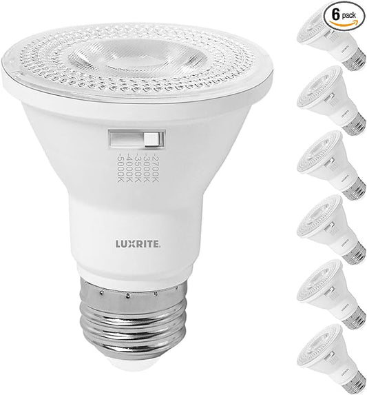 LUXRITE PAR20 LED Flood Light Bulb, 50W Equivalent, 5 Color Selectable 2700K-5000K, 550 Lumens, 7W, Dimmable LED Spotlight Bulb, Damp Rated, ETL Listed, E26 Base - Indoor Outdoor (6 Pack)
