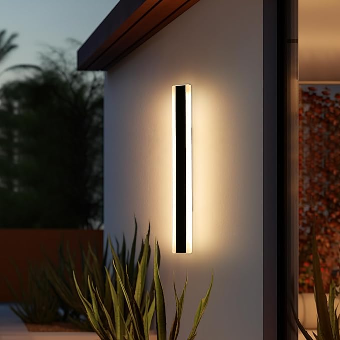 Modern Long Wall Sconces, 31.4inch Patio Wall Lights, 3000K Warm White Light, Black Minimalist Style, White Frosted Acrylic Panel, IP65 Waterproof Outdoor Wall Light Fixture for House, Garage, Garden