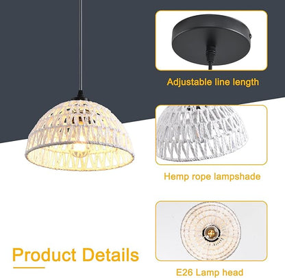3 Pack Woven Pendant Light Fixtures,10.2" White Rattan Pendant Lights Farmhouse Basket Light Fixture Adjustable Boho Hanging Lamp for Kitchen Island Bedroom Dining Room Foyer Hallway