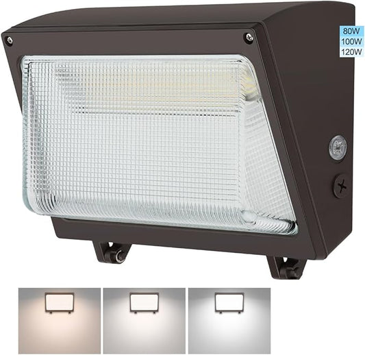 120W LED Wall Pack Light, 120W/100W/80W Switchable, 3000K/4000K/5000K Selectable, 15600lm 120-277V IP65, Dusk to Dawn Outdoor Lighting Fixture, Exterior Wall Mount Security Lights, ETL Listed