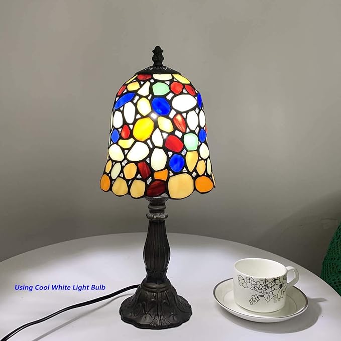 Bieye L10729 Colored Cobblestone Tiffany Style Stained Glass Table Lamp with 6-inch Wide Lampshade, Multi-Colored, 15 inch Tall